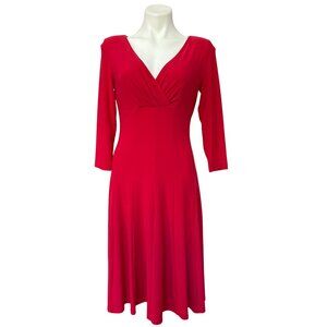 Lauren Ralph Lauren Red V-Neck Midi Dress, 3/4 Sleeves Women's Size 8